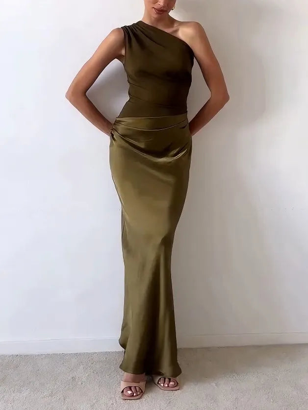 One Shoulder Pleated Maxi Dress – Women's Elegant Dress | Isabella