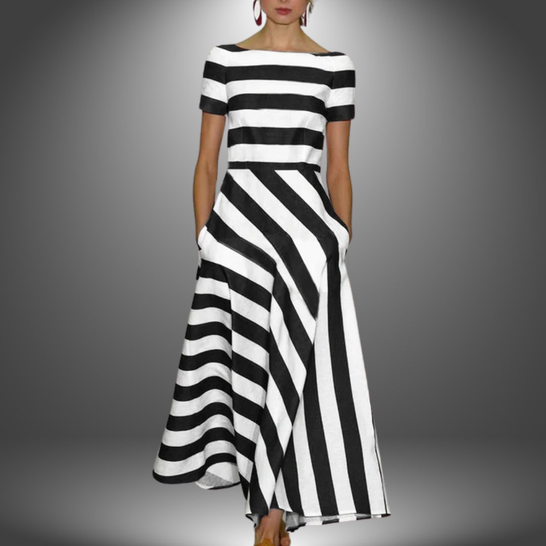 Striped Off-Shoulder Midi Dress – Women's Casual Dress | Elara