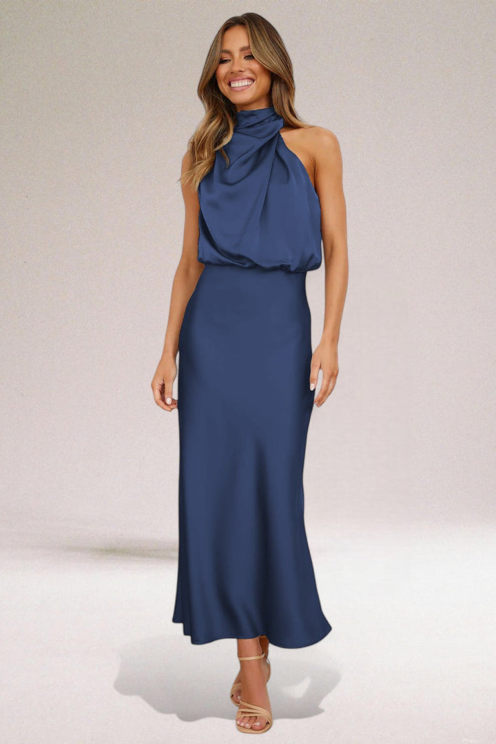 Satin Halter Midi Dress – Women's Cocktail Dress | Seraphina