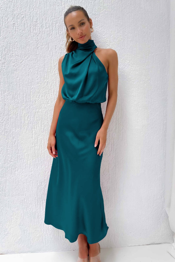 Satin Halter Midi Dress – Women's Cocktail Dress | Liliana