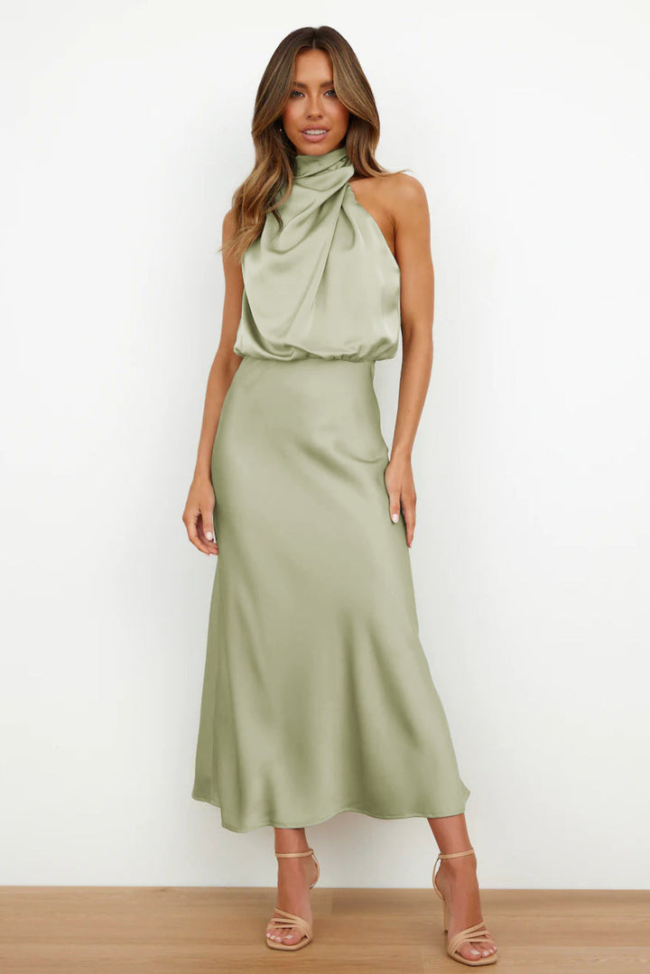 Satin Halter Midi Dress – Women's Cocktail Dress | Liliana