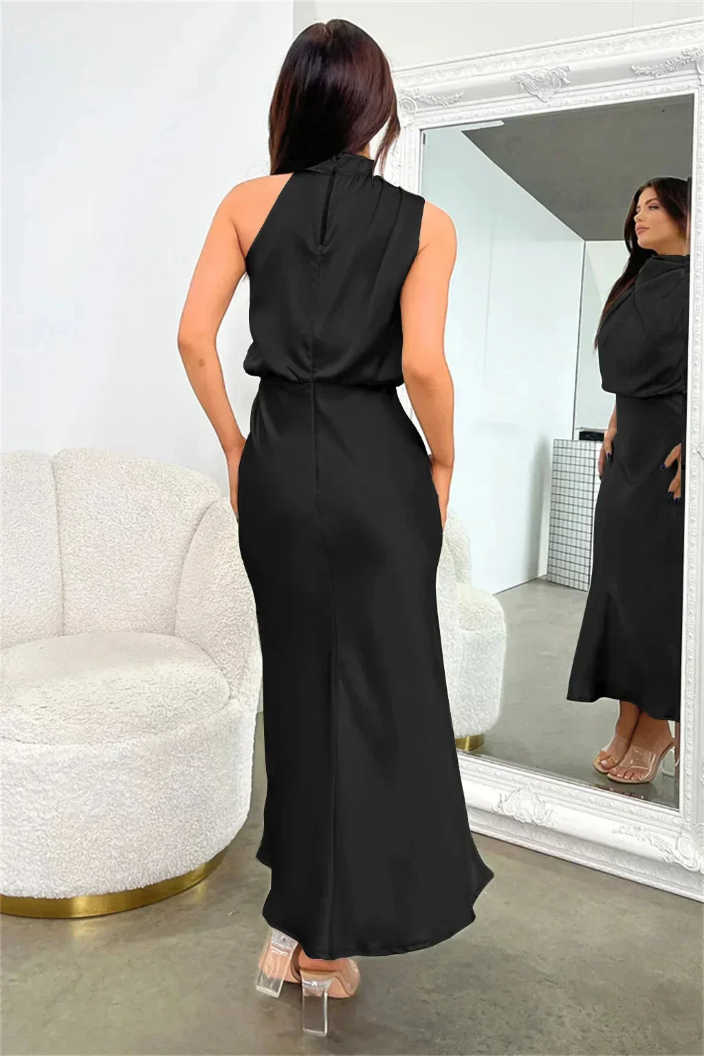 Satin Halter Midi Dress – Women's Cocktail Dress | Liliana