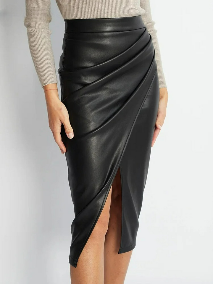 Vegan Leather Wrap Midi Skirt – Women's Front Slit Skirt | Aria