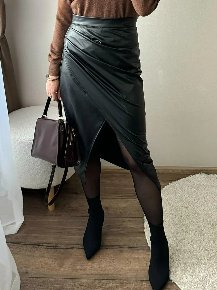 Vegan Leather Wrap Midi Skirt – Women's Front Slit Skirt | Aria