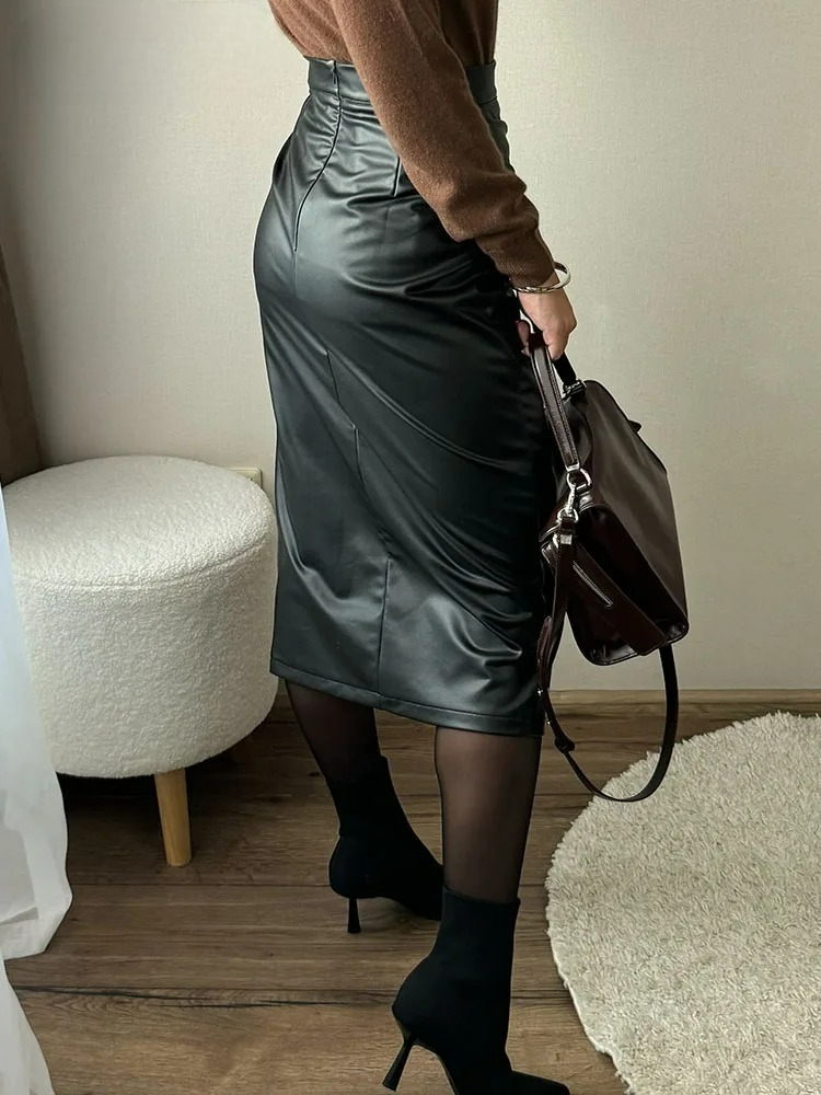 Vegan Leather Wrap Midi Skirt – Women's Front Slit Skirt | Aria