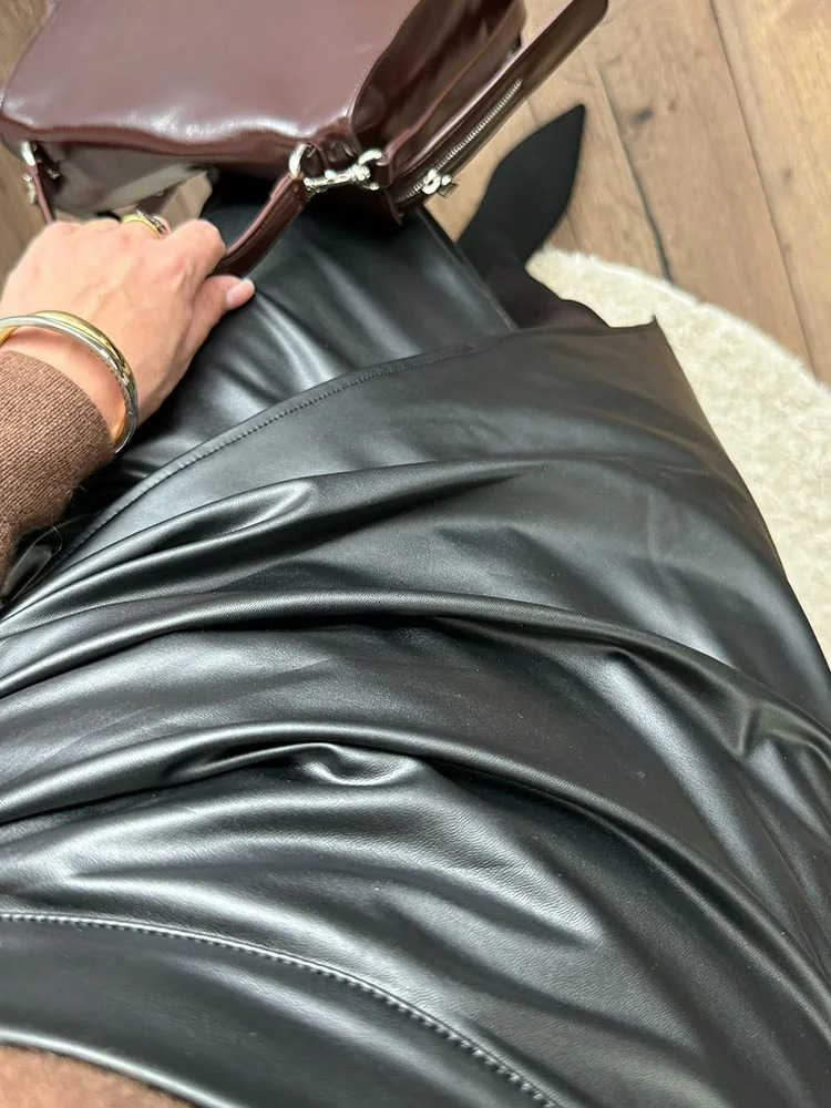 Vegan Leather Wrap Midi Skirt – Women's Front Slit Skirt | Aria