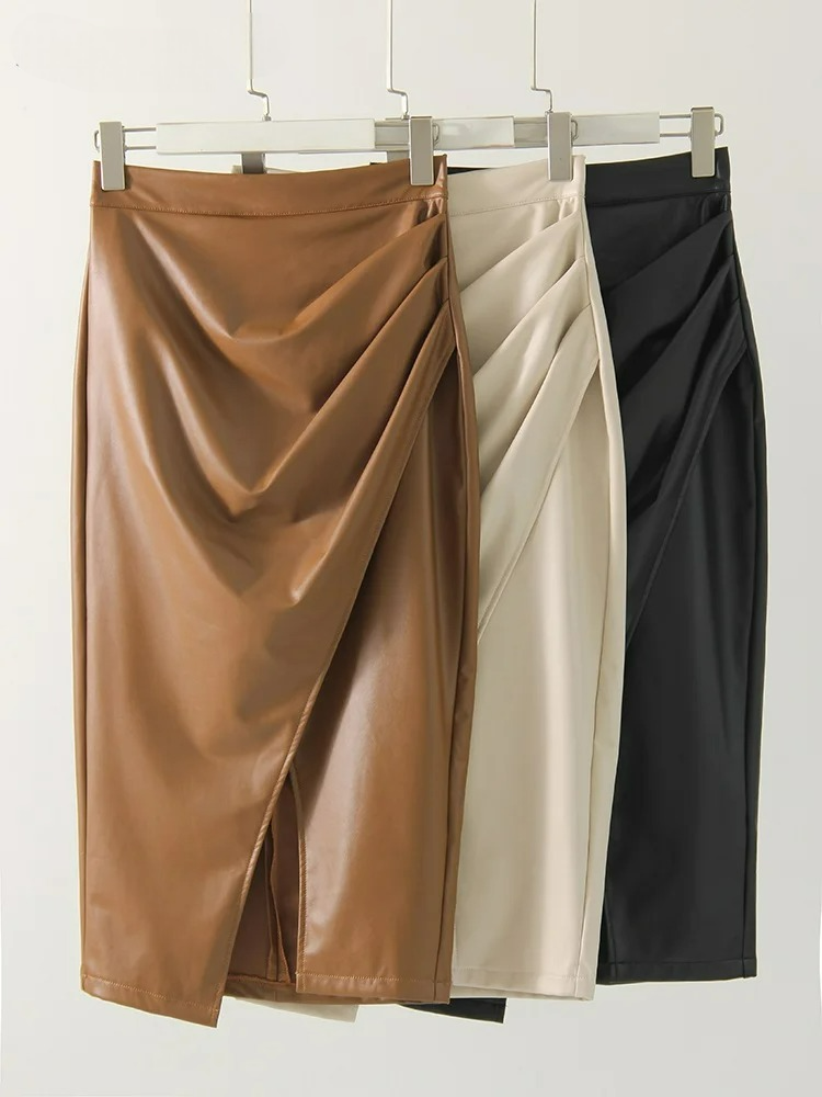 Vegan Leather Wrap Midi Skirt – Women's Front Slit Skirt | Aria